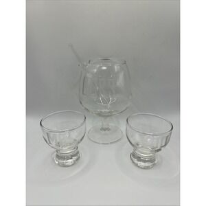 Vintage Hand Blown Etched Monogram Glass Pitcher & 2 Cups Barware Set You,me,Our